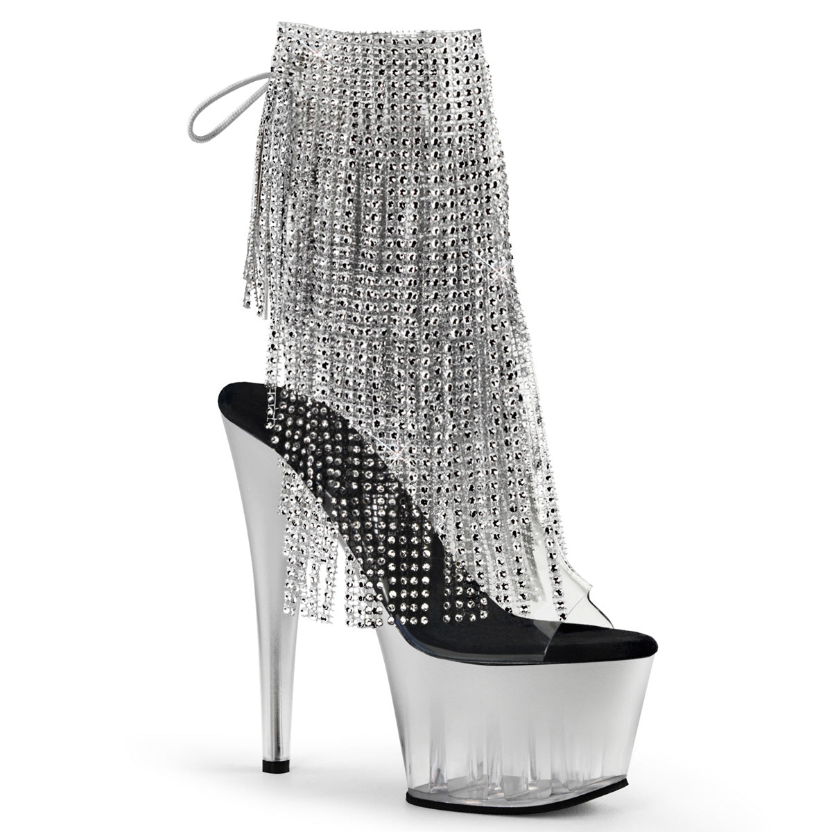 ADORE-1017RSFT 7" Heel, 2 3/4" PF Open Toe/Heel Lace-Up Fringe Ankle Boot