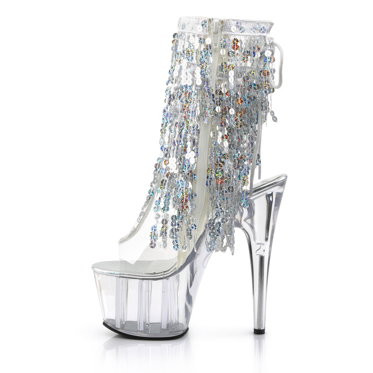 ADORE-1017SQF *7" Heel, 2 3/4" PF Sequins Fringe Ankle Boot, Side Zip