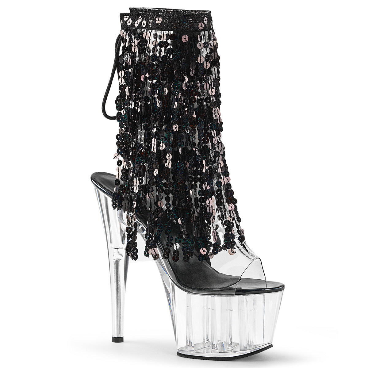 ADORE-1017SQF *7" Heel, 2 3/4" PF Sequins Fringe Ankle Boot, Side Zip