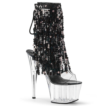 ADORE-1017SQF *7" Heel, 2 3/4" PF Sequins Fringe Ankle Boot, Side Zip