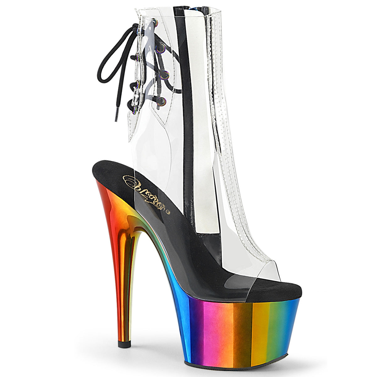 ADORE-1018RC *7" Heel, 2 3/4" Chromed PF Open Toe Ankle Boot, Side Zip