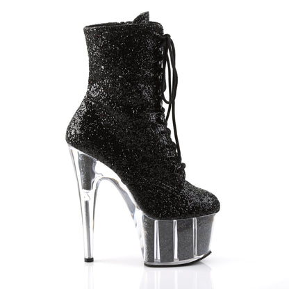 ADORE-1020G 7" Heel, 2 3/4" PF Lace-Up Glitter Ankle Boot, Side Zip