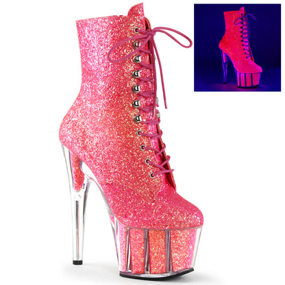 ADORE-1020G 7" Heel, 2 3/4" PF Lace-Up Glitter Ankle Boot, Side Zip