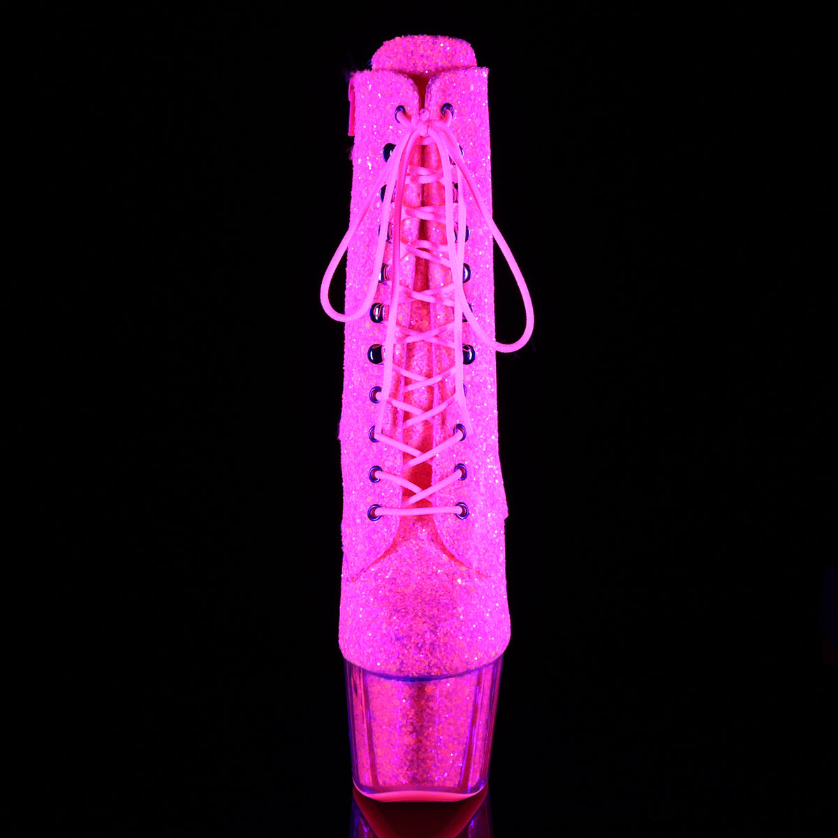ADORE-1020G 7" Heel, 2 3/4" PF Lace-Up Glitter Ankle Boot, Side Zip
