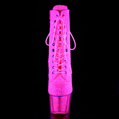ADORE-1020G 7" Heel, 2 3/4" PF Lace-Up Glitter Ankle Boot, Side Zip
