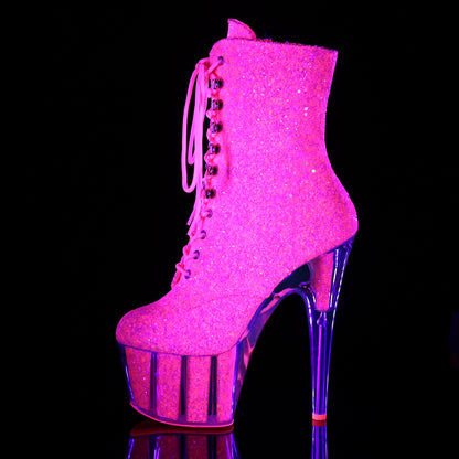 ADORE-1020G 7" Heel, 2 3/4" PF Lace-Up Glitter Ankle Boot, Side Zip