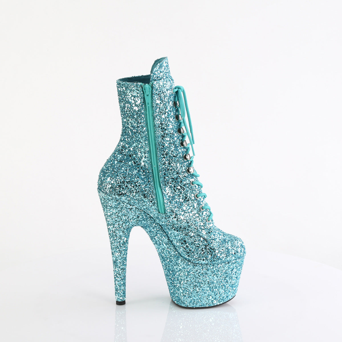 ADORE-1020GWR *7" Heel, 2 3/4" PF Lace-Up Glitter Ankle Boot, Side Zip
