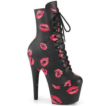 ADORE-1020KISSES 7" Heel, 2 3/4" PF Lace-Up Lips Print Ankle Boot, Side Zip