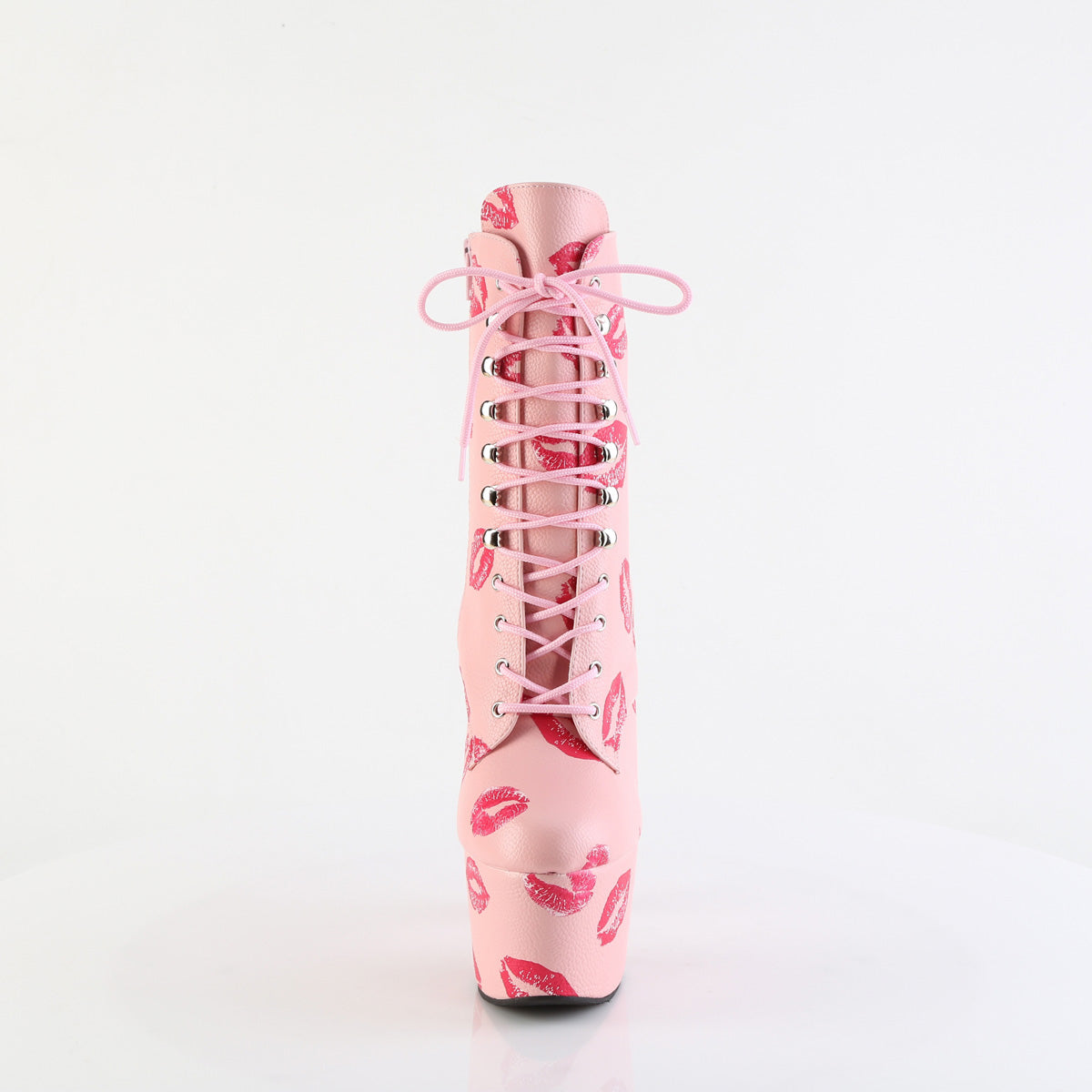 ADORE-1020KISSES 7" Heel, 2 3/4" PF Lace-Up Lips Print Ankle Boot, Side Zip