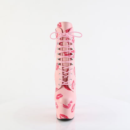 ADORE-1020KISSES 7" Heel, 2 3/4" PF Lace-Up Lips Print Ankle Boot, Side Zip