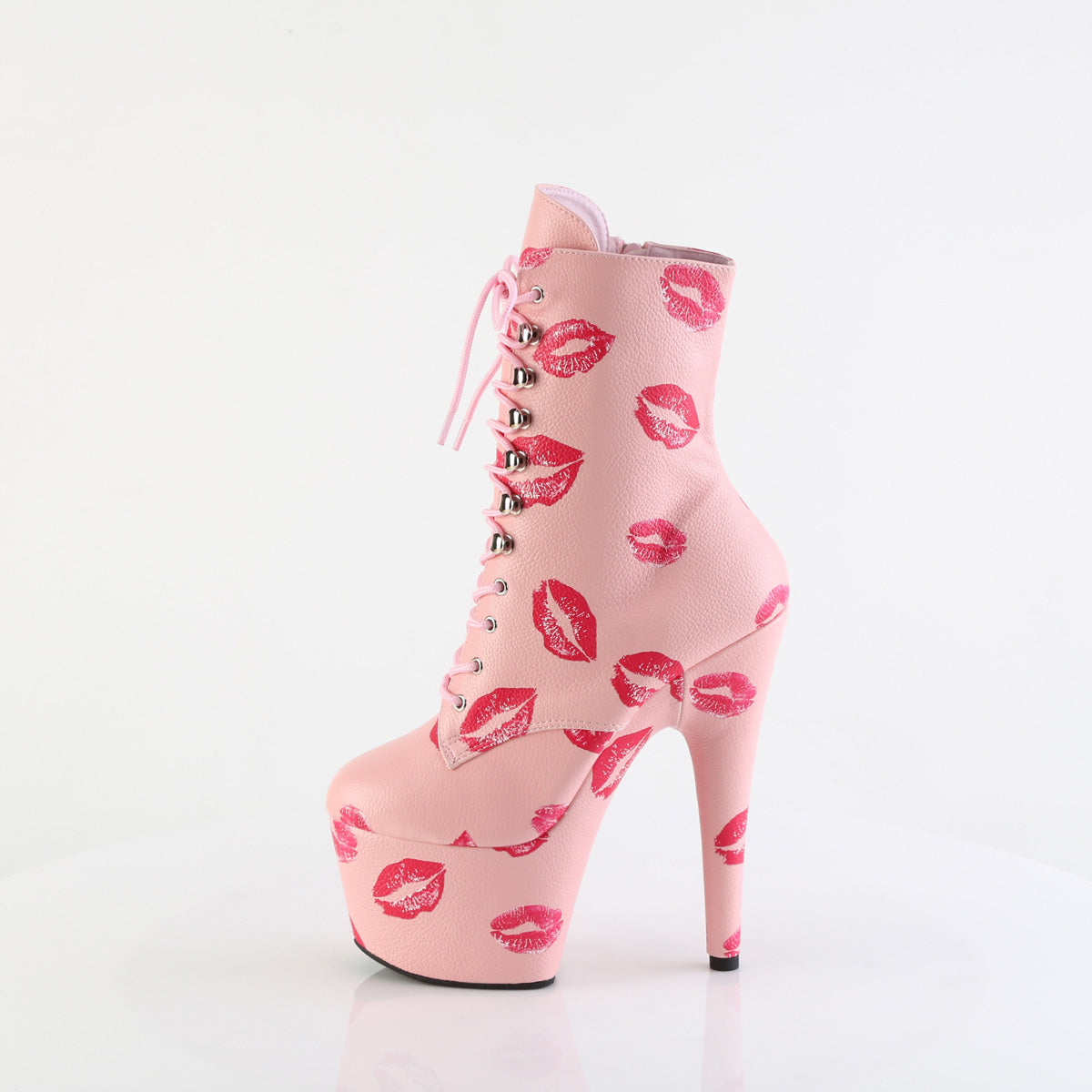 ADORE-1020KISSES 7" Heel, 2 3/4" PF Lace-Up Lips Print Ankle Boot, Side Zip