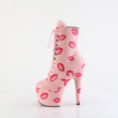 ADORE-1020KISSES 7" Heel, 2 3/4" PF Lace-Up Lips Print Ankle Boot, Side Zip