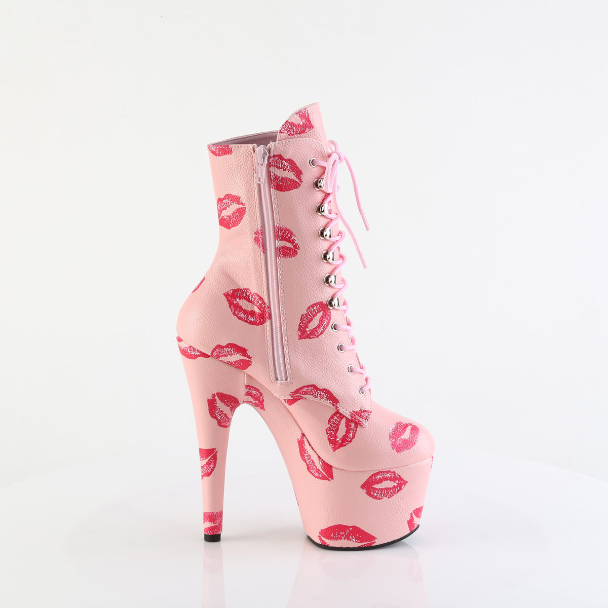 ADORE-1020KISSES 7" Heel, 2 3/4" PF Lace-Up Lips Print Ankle Boot, Side Zip