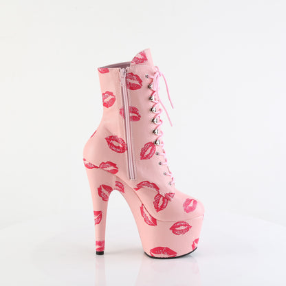 ADORE-1020KISSES 7" Heel, 2 3/4" PF Lace-Up Lips Print Ankle Boot, Side Zip