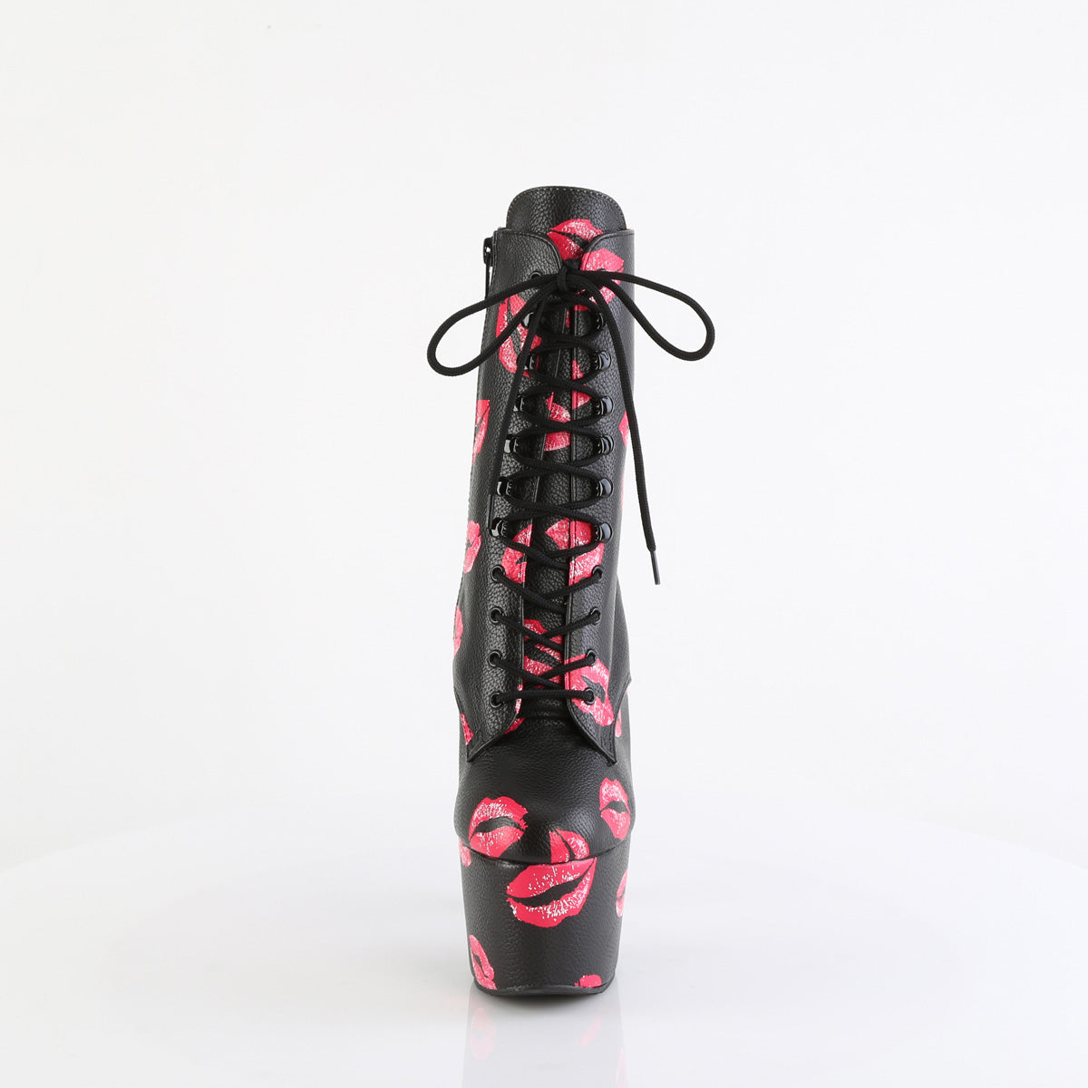 ADORE-1020KISSES 7" Heel, 2 3/4" PF Lace-Up Lips Print Ankle Boot, Side Zip