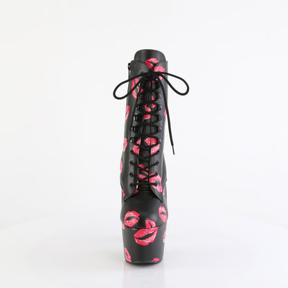 ADORE-1020KISSES 7" Heel, 2 3/4" PF Lace-Up Lips Print Ankle Boot, Side Zip
