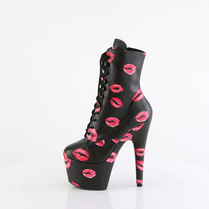 ADORE-1020KISSES 7" Heel, 2 3/4" PF Lace-Up Lips Print Ankle Boot, Side Zip