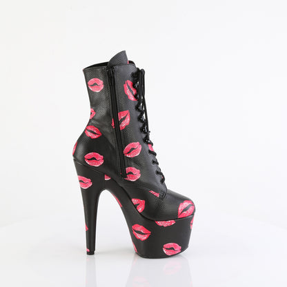 ADORE-1020KISSES 7" Heel, 2 3/4" PF Lace-Up Lips Print Ankle Boot, Side Zip
