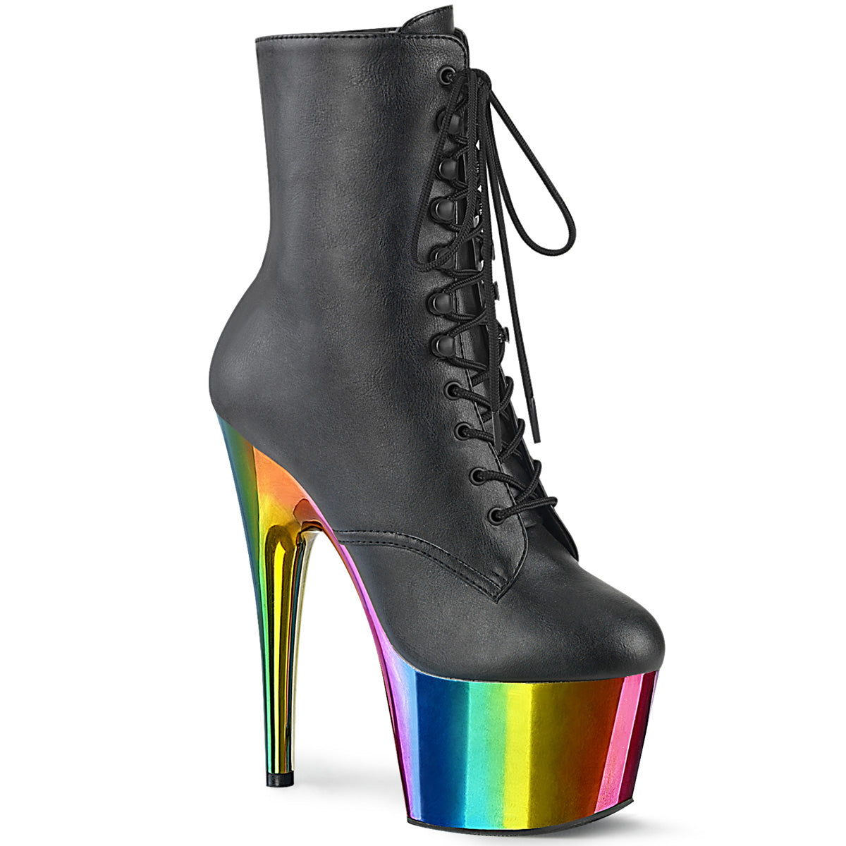 ADORE-1020RC *7" Heel, 2 3/4" Chromed PF Lace-Up Ankle Boot, Side Zip