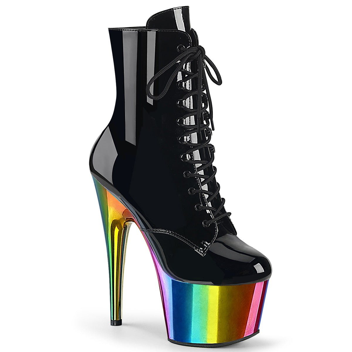 ADORE-1020RC *7" Heel, 2 3/4" Chromed PF Lace-Up Ankle Boot, Side Zip