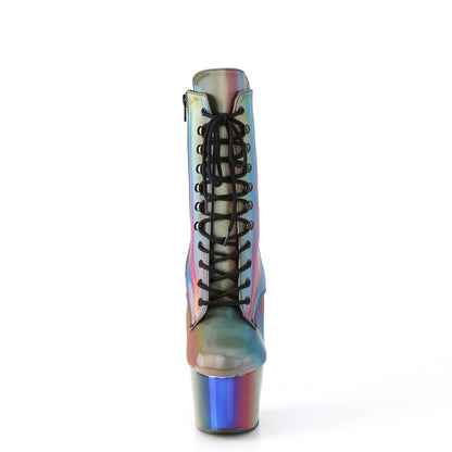 ADORE-1020RC-REFL *7" Heel, 2 3/4" Chromed PF Lace-Up Ankle Boot, Side Zip