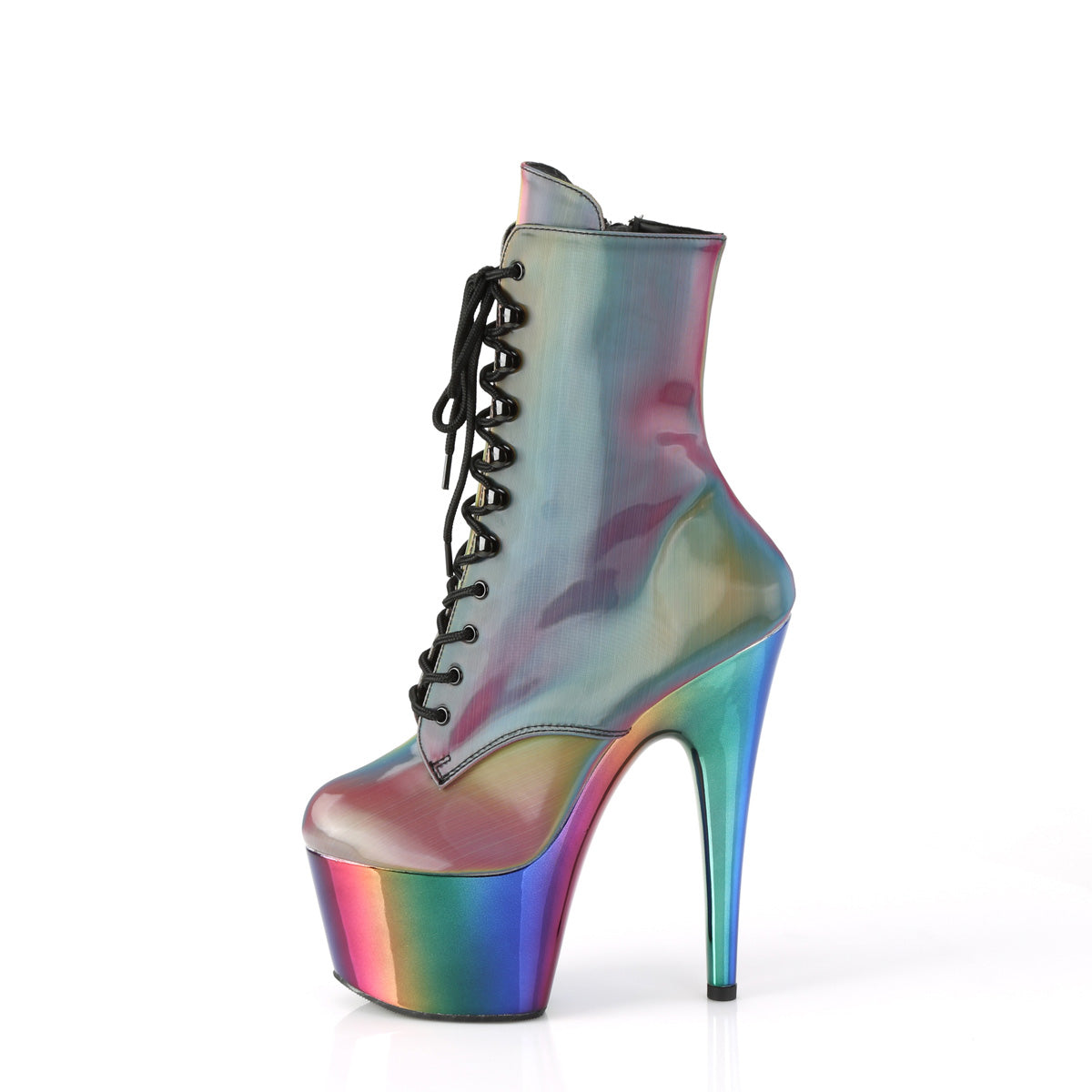 ADORE-1020RC-REFL *7" Heel, 2 3/4" Chromed PF Lace-Up Ankle Boot, Side Zip