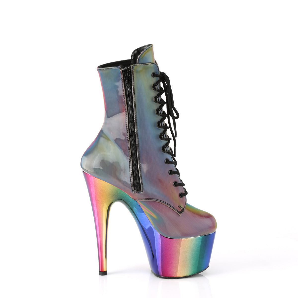 ADORE-1020RC-REFL *7" Heel, 2 3/4" Chromed PF Lace-Up Ankle Boot, Side Zip