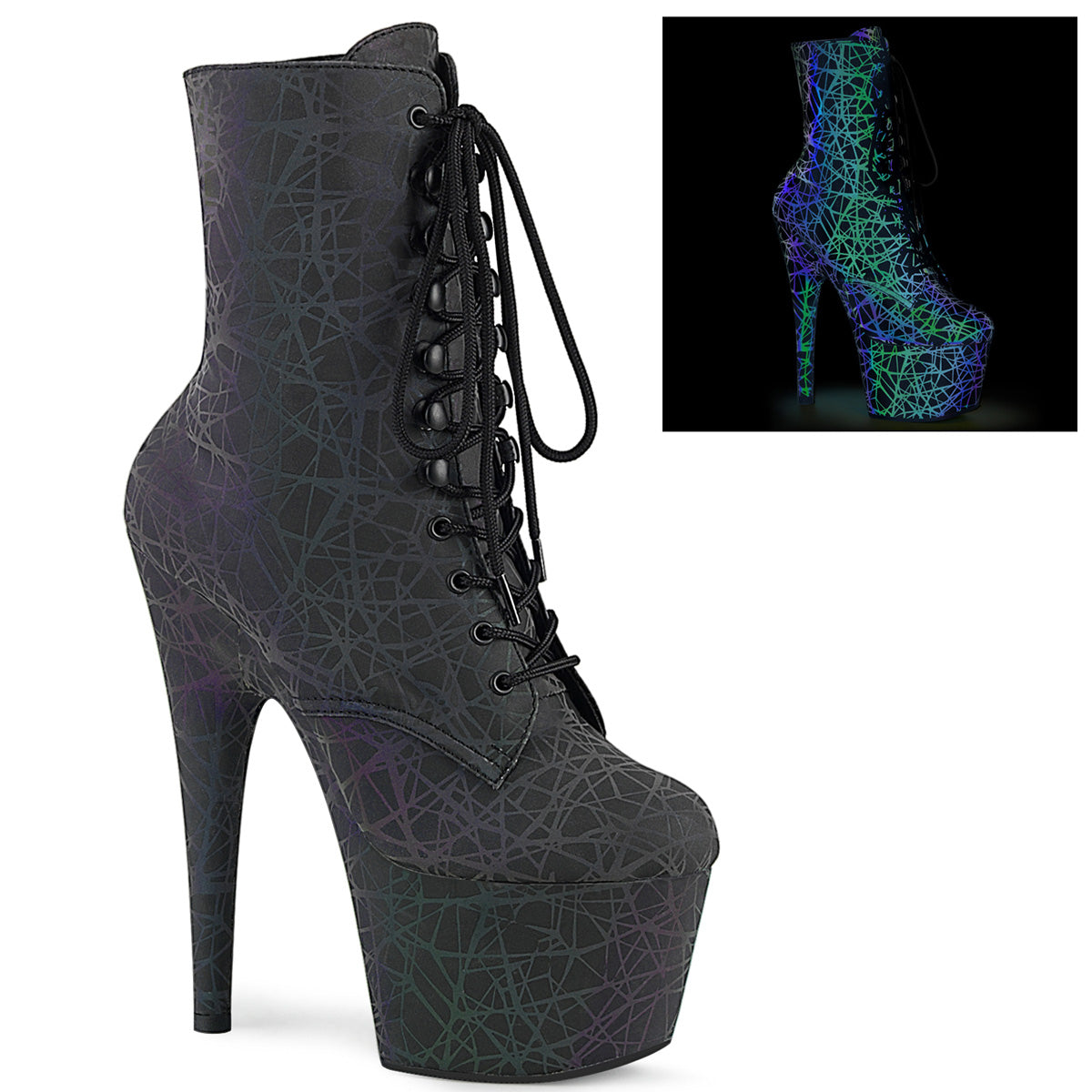 ADORE-1020REFL 7" Heel, 2 3/4" PF Lace-Up Front Ankle Boot, Side Zip