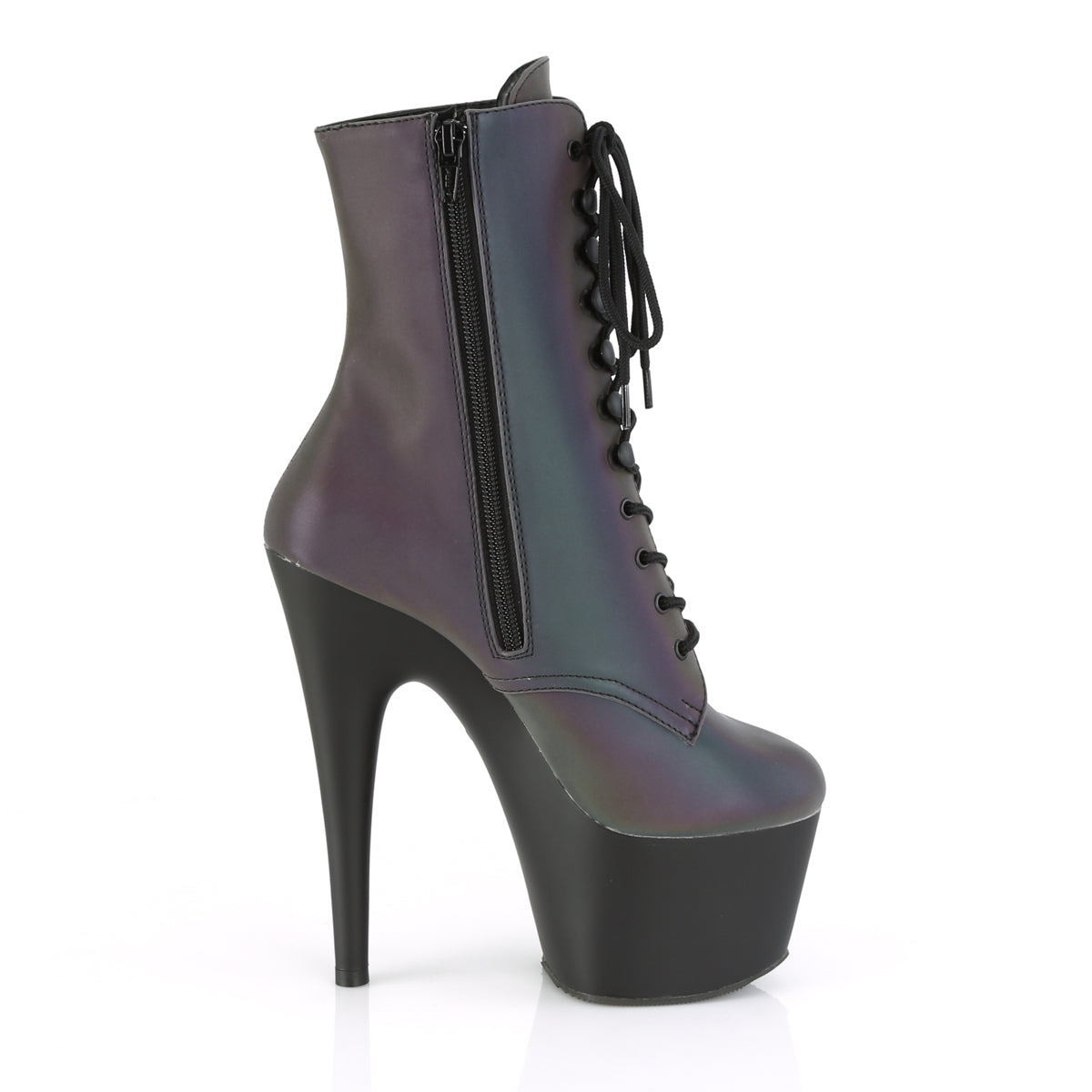 ADORE-1020REFL *7" Heel, 2 3/4" PF Lace-Up Ankle Boot, Side Zip