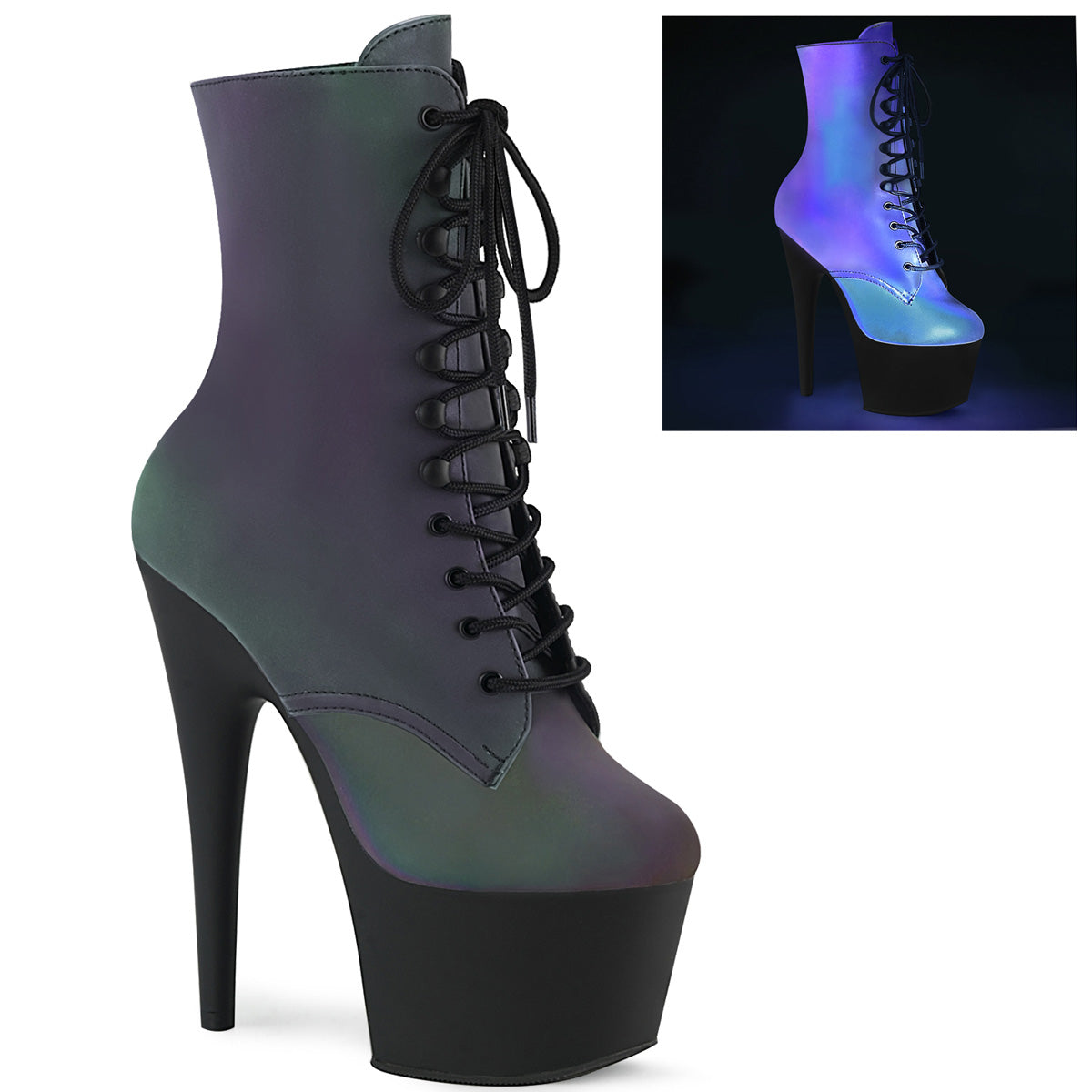 ADORE-1020REFL 7" Heel, 2 3/4" PF Lace-Up Front Ankle Boot, Side Zip