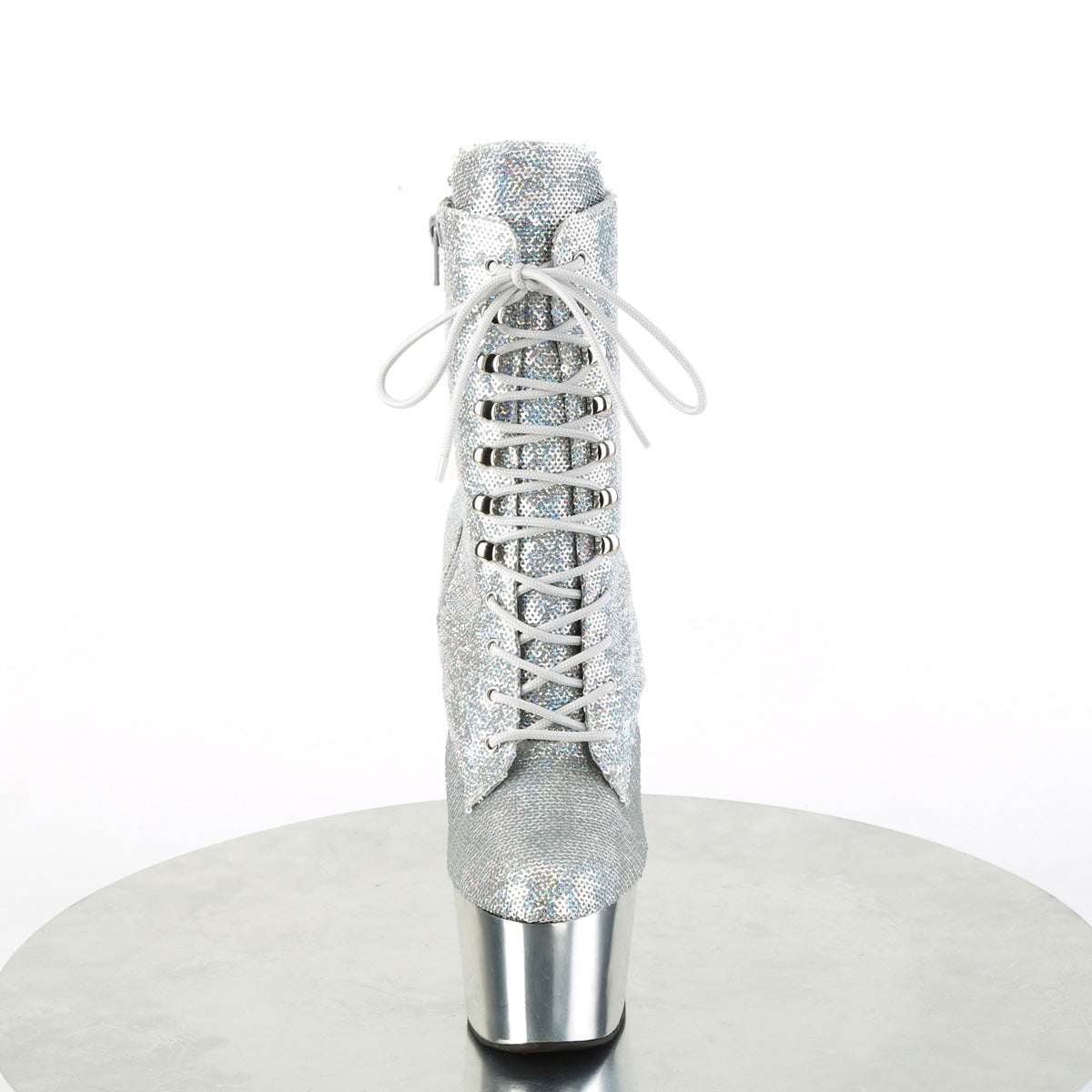ADORE-1020SQ-02 *7" Heel, 2 3/4" PF Lace-Up Sequins Ankle Boot, Side Zip