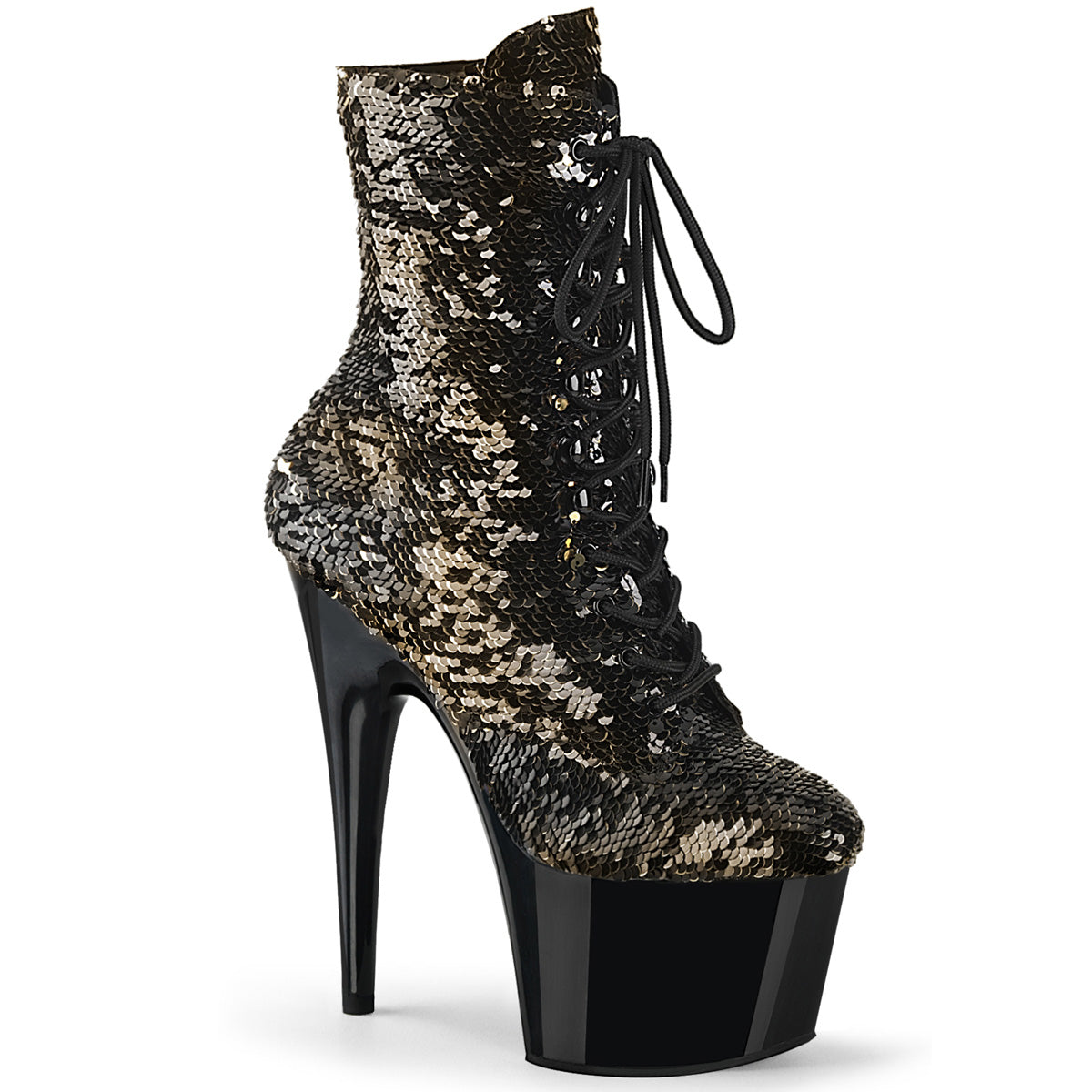ADORE-1020SQ *7" Heel, 2 3/4" PF Lace-Up Sequins Ankle Boot, Side Zip