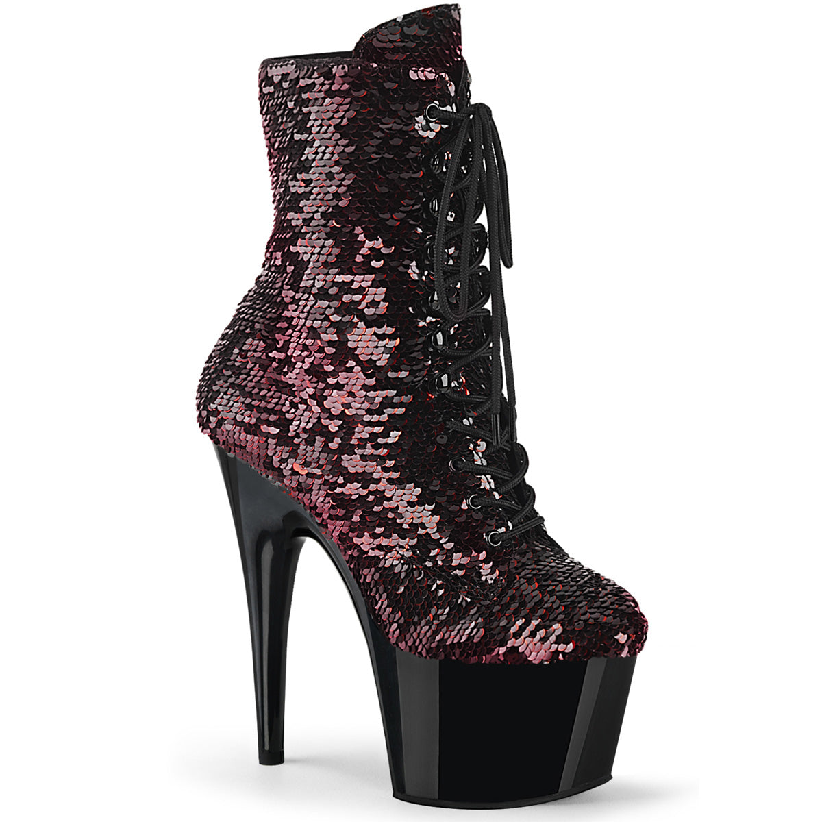 ADORE-1020SQ *7" Heel, 2 3/4" PF Lace-Up Sequins Ankle Boot, Side Zip
