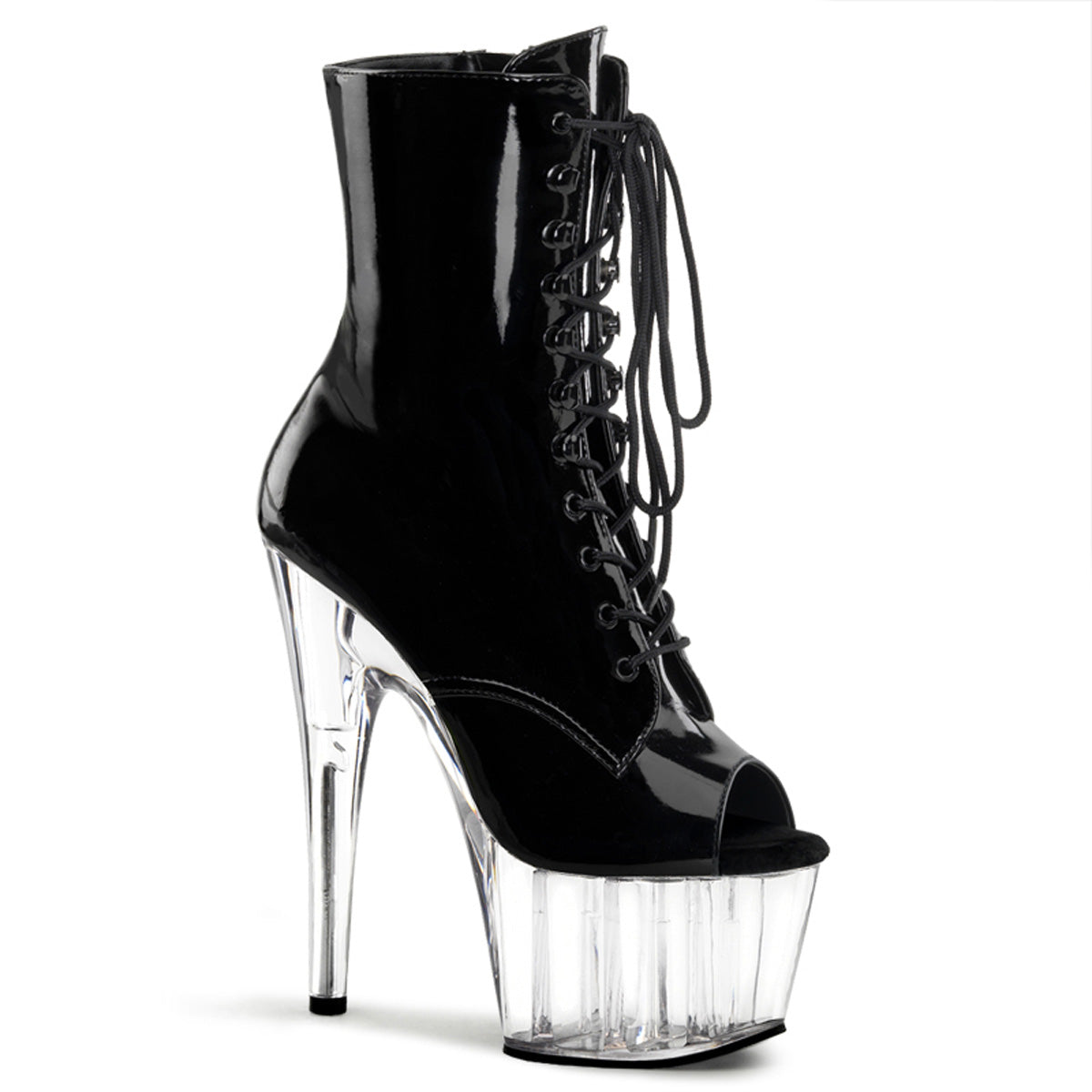 ADORE-1021 7" Heel, 2 3/4" PF Peep Toe Lace-Up Ankle Boot, Side Zip