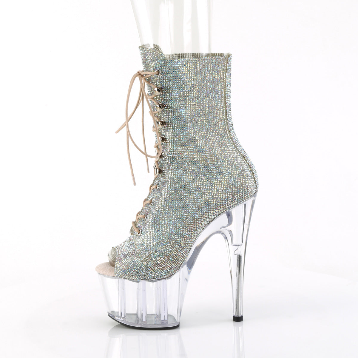 ADORE-1021C-RS 7" Heel, 2 3/4" PF Peep Toe Rhinestoned  Ankle Boot,Side Zip