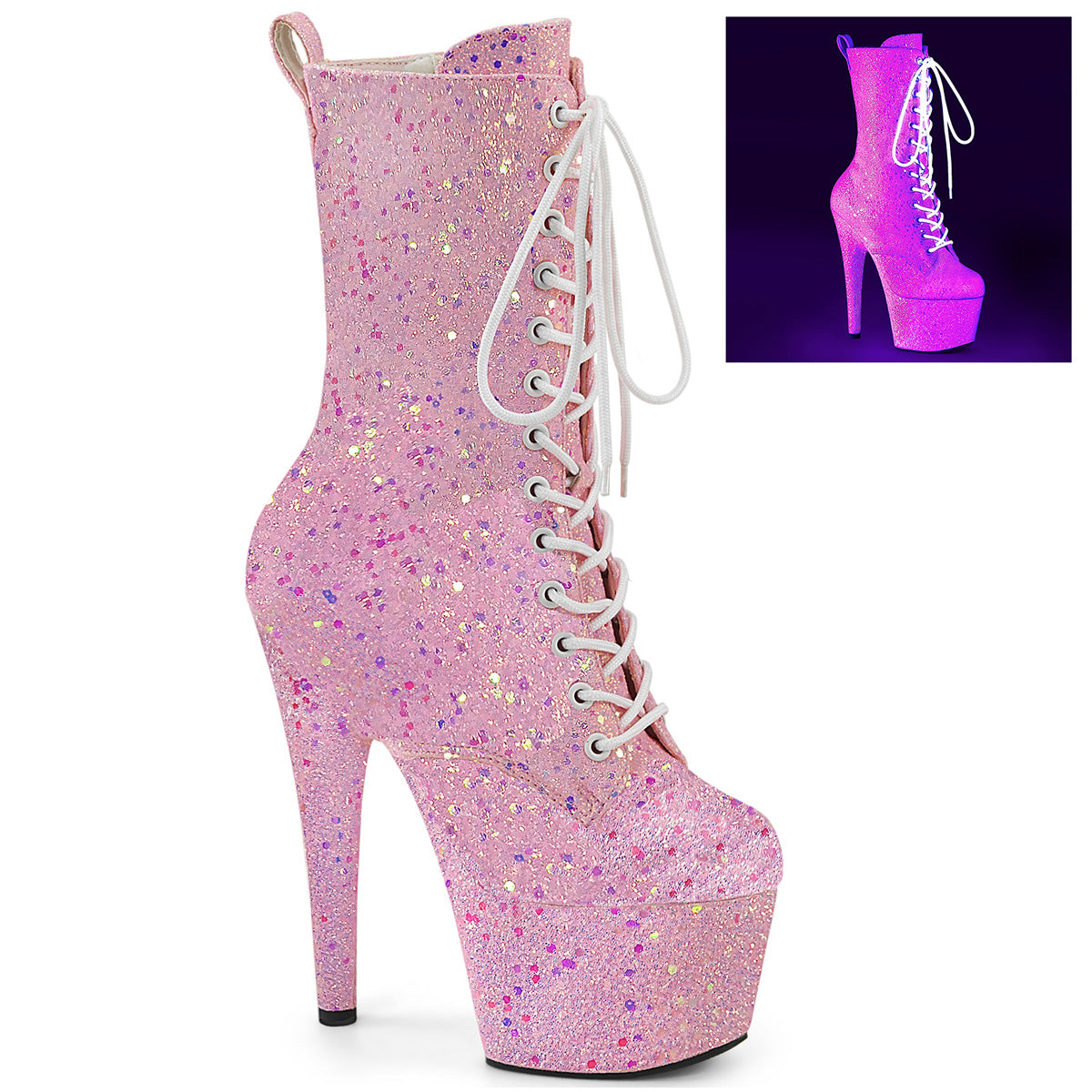 ADORE-1040IG *7" Heel, 2 3/4" PF Lace-Up Holo Glitter Ankle Boot,Side Zip