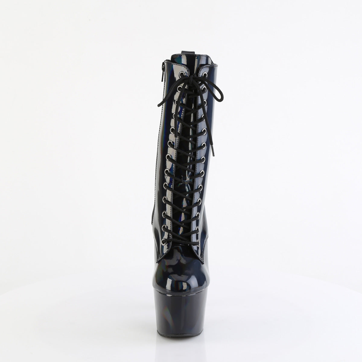 ADORE-1040WR-HG 7" Heel, 2 3/4" PF Holographic Lace-Up Ankle Boot, Side Zip