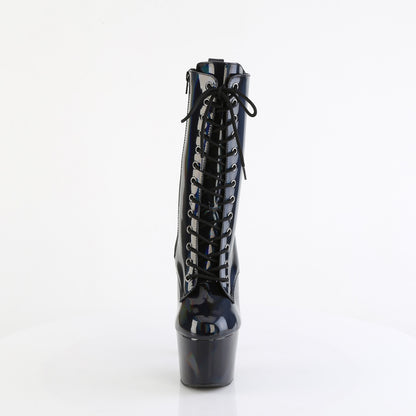 ADORE-1040WR-HG 7" Heel, 2 3/4" PF Holographic Lace-Up Ankle Boot, Side Zip