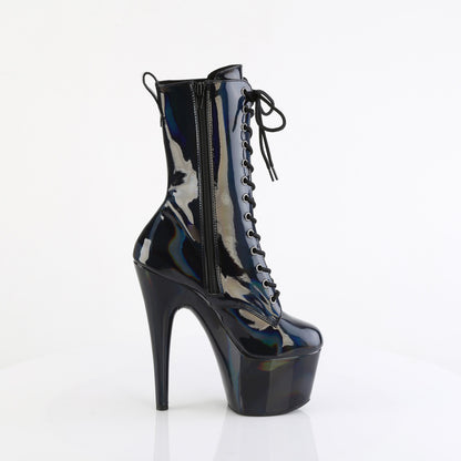 ADORE-1040WR-HG 7" Heel, 2 3/4" PF Holographic Lace-Up Ankle Boot, Side Zip