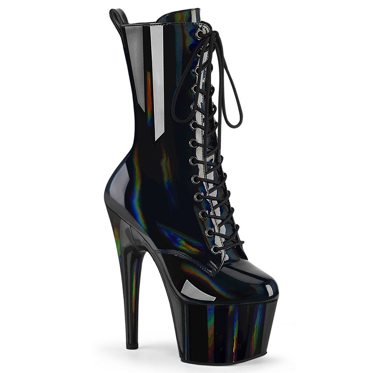 ADORE-1040WR-HG 7" Heel, 2 3/4" PF Holographic Lace-Up Ankle Boot, Side Zip
