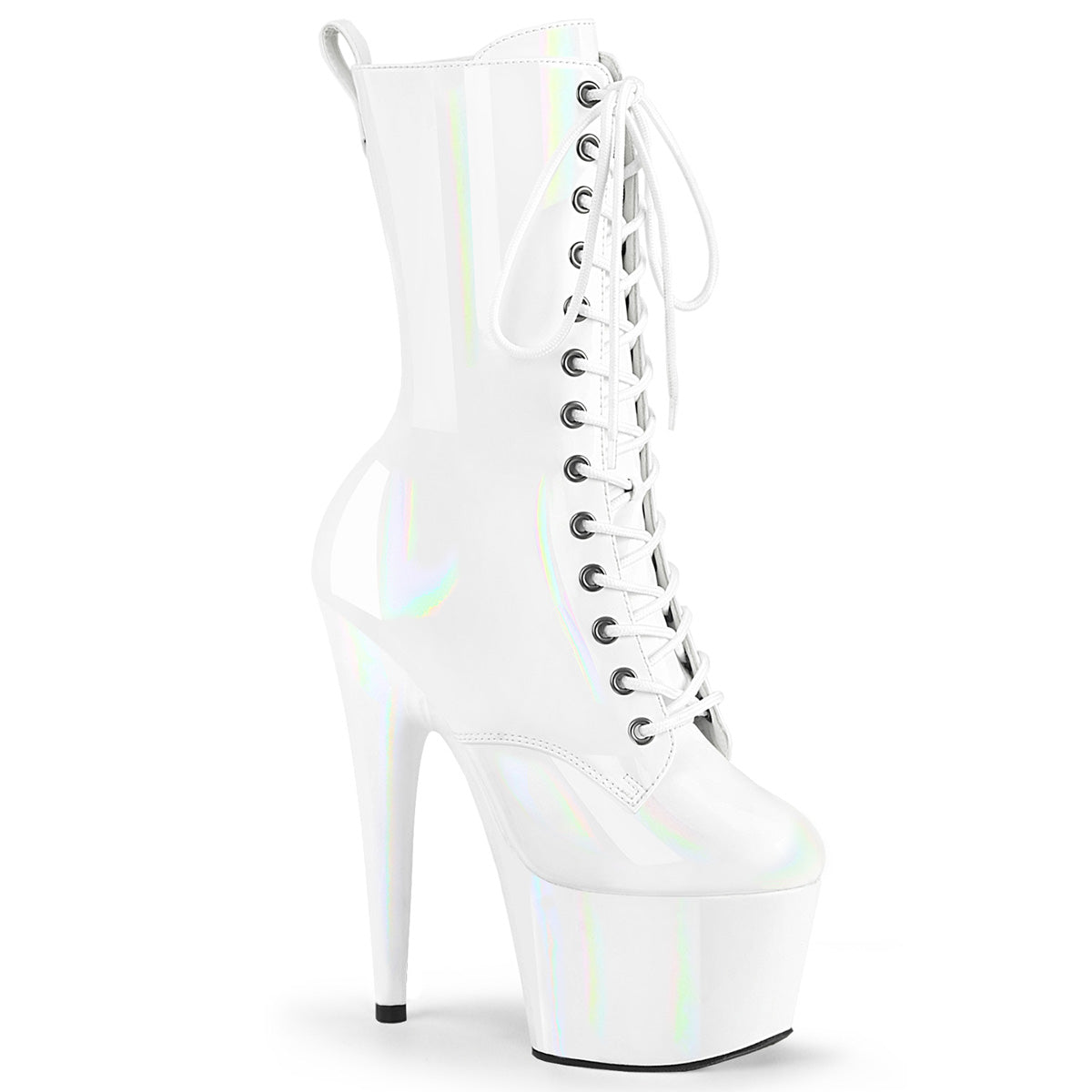 ADORE-1040WR-HG *7" Heel, 2 3/4" PF Holographic Lace-Up Ankle Boot, Side Zip