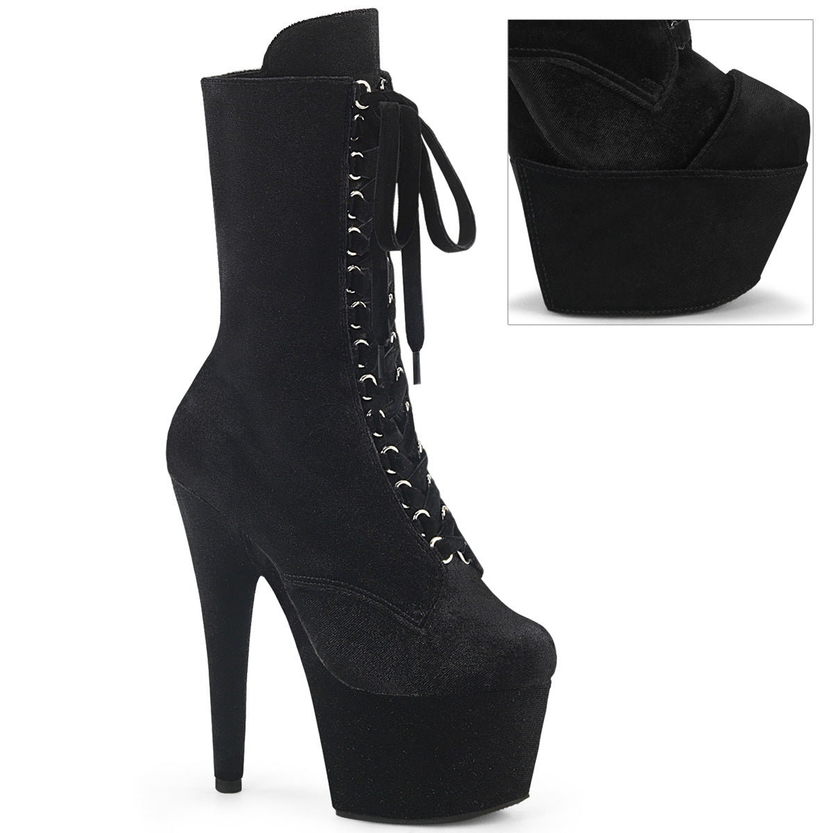 ADORE-1045VEL 7" Heel, 2 3/4" PF Velvet Lace-Up Front Ankle Boot