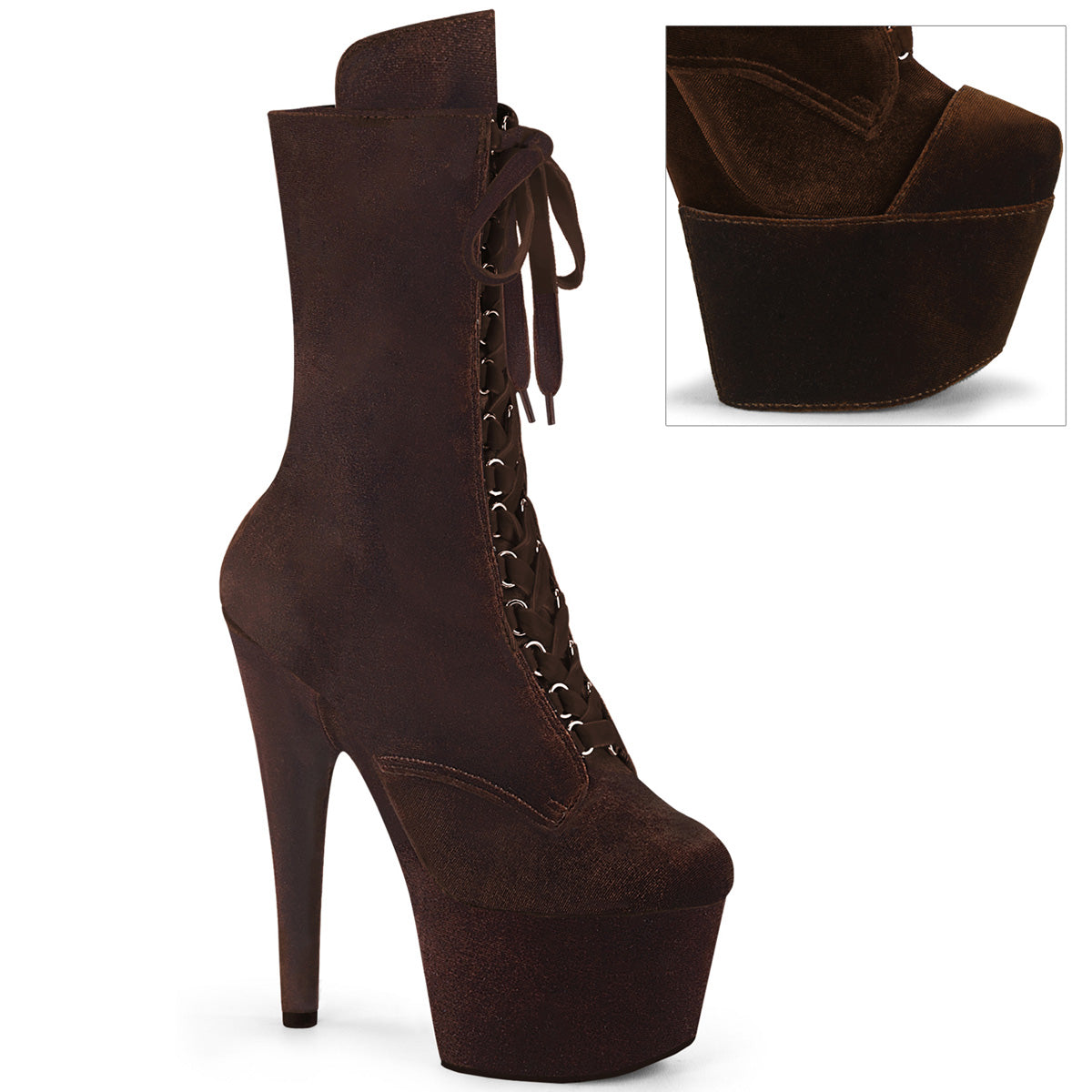 ADORE-1045VEL 7" Heel, 2 3/4" PF Velvet Lace-Up Front Ankle Boot