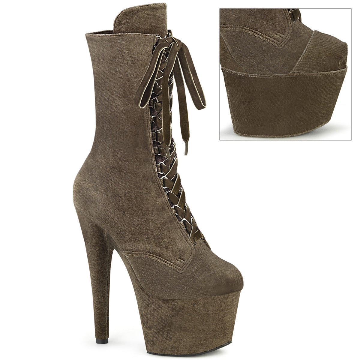 ADORE-1045VEL *7" Heel, 2 3/4" PF Velvet Lace-Up Front Ankle Boot