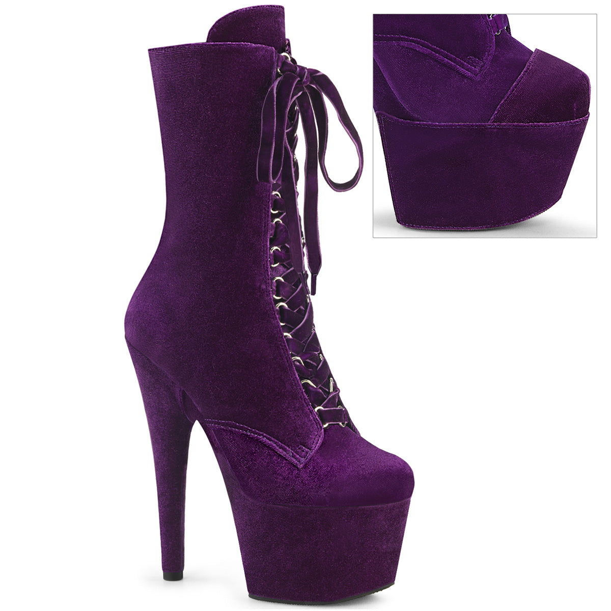 ADORE-1045VEL *7" Heel, 2 3/4" PF Velvet Lace-Up Front Ankle Boot