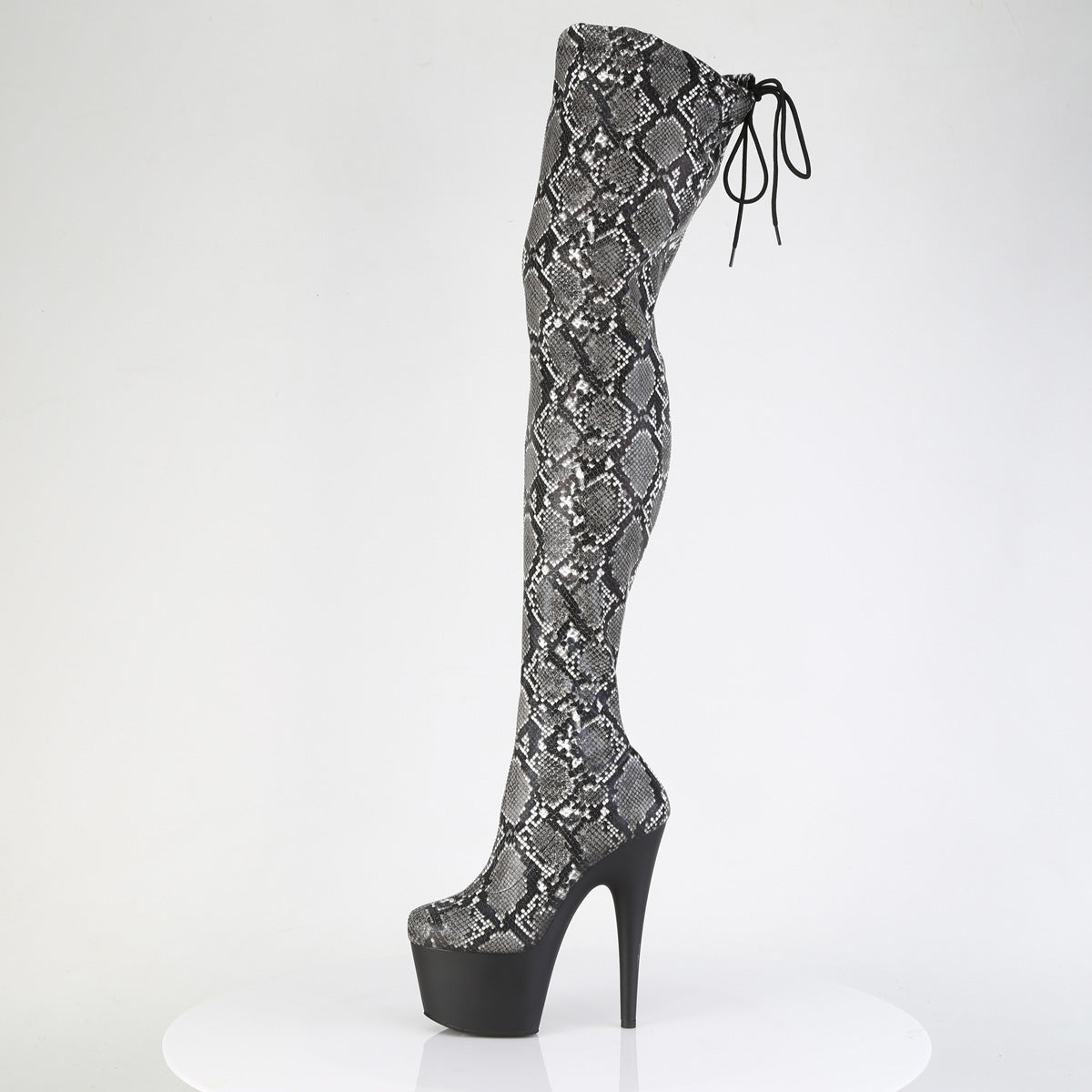 ADORE-3008SP-BT *7" Heel, 2 3/4" PF Stretch Snake Print Pull-On Thigh Boot