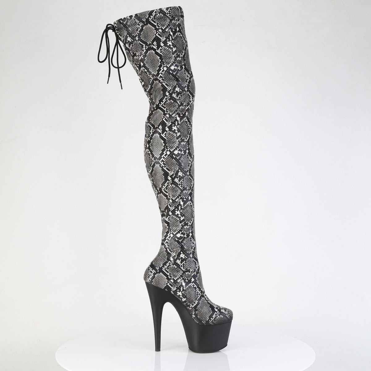 ADORE-3008SP-BT *7" Heel, 2 3/4" PF Stretch Snake Print Pull-On Thigh Boot