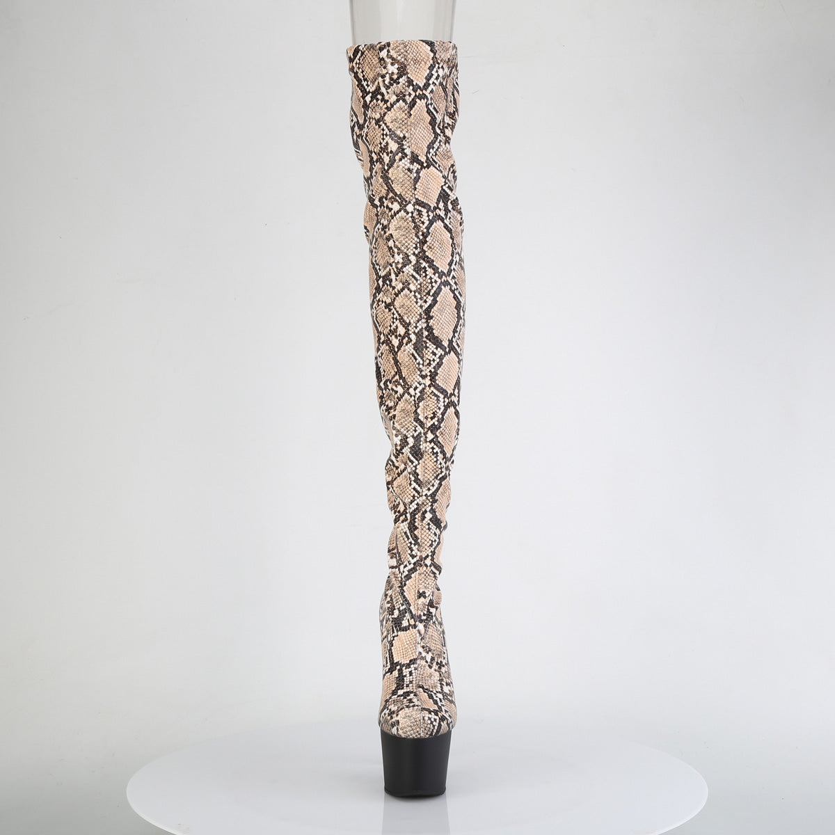 ADORE-3008SP-BT *7" Heel, 2 3/4" PF Stretch Snake Print Pull-On Thigh Boot