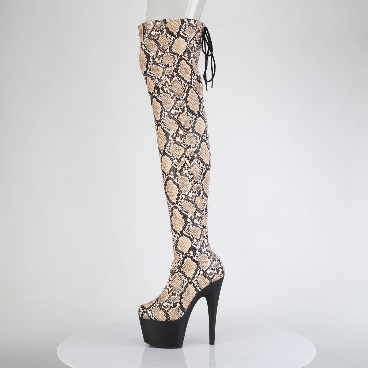 ADORE-3008SP-BT *7" Heel, 2 3/4" PF Stretch Snake Print Pull-On Thigh Boot