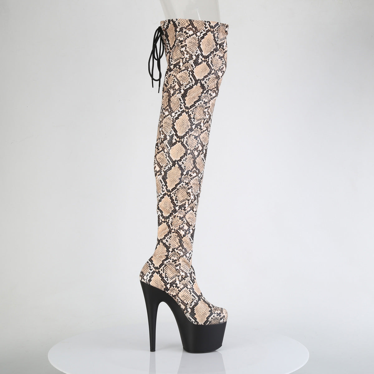 ADORE-3008SP-BT *7" Heel, 2 3/4" PF Stretch Snake Print Pull-On Thigh Boot